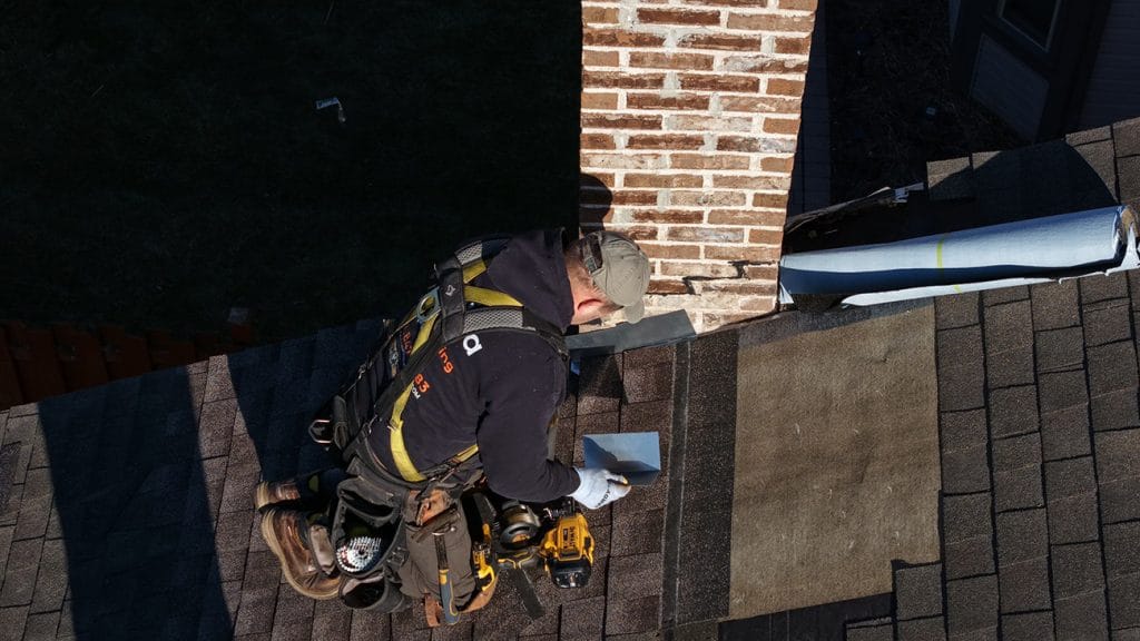 Holda's Roof Repair Expert Working on New Chimney Flashing in Wauconda IL