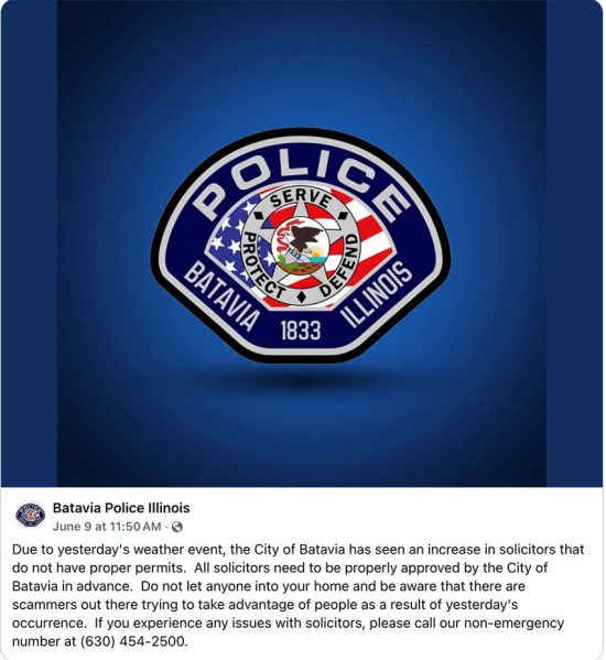 Batavia Police Solicitation Announcement Regarding Roofing Storm Chasers