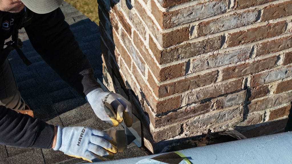 Roofer installing step flashing at brick chimney during leak repair